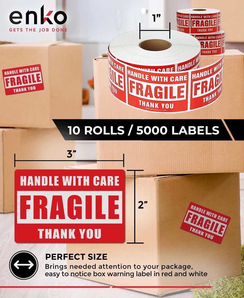 enKo Products enKo - 2 x 3 Inch Fragile Stickers Handle with Care Warning Packing Shipping Label - Permanent Adhesive (10 Roll, 5000 Labels) - Image 2